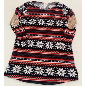 Grace & Emma Fair Isle Snowflake Tunic Top Sequin Elbow Patch Red Black Small